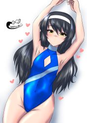Rule 34 | 1girl, armpits, arms up, artist logo, black hair, blue one-piece swimsuit, breasts, casual one-piece swimsuit, cleavage, commentary request, covered navel, cowboy shot, girls und panzer, guero nuko, hairband, highres, long hair, looking at viewer, one-piece swimsuit, reizei mako, small breasts, solo, swimsuit, turtleneck, white hairband, yellow eyes