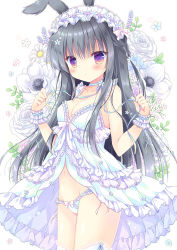 Rule 34 | 1girl, animal ears, black hair, blue choker, blue dress, blue flower, blue panties, blue ribbon, blue thighhighs, blush, bow, bow panties, braid, breasts, choker, cleavage, closed mouth, collarbone, commentary request, dress, flower, frilled dress, frilled panties, frills, groin, hair between eyes, hands up, hasekura chiaki, lace, lace-trimmed legwear, lace trim, long hair, looking at viewer, medium breasts, navel, original, panties, purple eyes, purple flower, purple rose, rabbit ears, ribbon, rose, solo, thighhighs, underwear, very long hair, white background, white flower, white rose, wrist cuffs