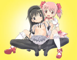 Rule 34 | 10s, 2girls, akemi homura, akemi homura (magical girl), black hair, black pantyhose, blush, bow, breasts, clothes lift, flat chest, gloves, hairband, kaname madoka, kaname madoka (magical girl), long hair, magical girl, mahou shoujo madoka magica, mahou shoujo madoka magica (anime), multiple girls, navel, nipples, open mouth, panties, panties under pantyhose, pantyhose, pink eyes, pink hair, purple eyes, shirt lift, short hair, short twintails, skirt, small breasts, smile, spread legs, suzuki24, twintails, underwear