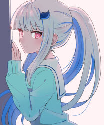 Rule 34 | 1girl, :|, against wall, blue cardigan, blue hair, blunt bangs, cardigan, closed mouth, expressionless, from side, lize helesta, long hair, long sleeves, looking at viewer, multicolored hair, nijisanji, pink eyes, ponytail, sailor collar, school uniform, sideways glance, simple background, sleeve cuffs, sleeves past wrists, solo, sou (tuhut), two-tone hair, upper body, virtual youtuber, white background, white hair, white sailor collar