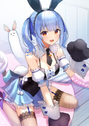 Rule 34 | 1girl, absurdres, animal ears, animal hands, arm garter, backless dress, backless outfit, bare shoulders, black gloves, black necktie, black thighhighs, blue hair, blue skirt, breasts, cleavage, commentary request, detached collar, don-chan (usada pekora), dress, fake animal ears, fake tail, fishnet thighhighs, fishnets, frilled skirt, frills, garter straps, gloves, hand up, highres, hololive, indoors, large breasts, mimihachi, necktie, open mouth, paw gloves, pleated skirt, rabbit ears, rabbit tail, red eyes, short necktie, sitting, skirt, smile, solo, tail, thick thighs, thighhighs, thighs, twintails, usada pekora, usada pekora (furi furi bunny dress), virtual youtuber, wariza, wrist cuffs