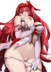 Rule 34 | 1girl, bar censor, bare shoulders, blue eyes, breasts, censored, cowboy shot, elbow gloves, from below, gloves, godsworn alexiel, granblue fantasy, groin, hair between eyes, hair ornament, highres, kaorihero, large breasts, long hair, looking at viewer, midriff, navel, nipples, open mouth, panties, panty pull, pussy, red hair, simple background, solo, torn clothes, underwear, wavy mouth, white background, white gloves