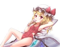 Rule 34 | 1girl, alternate costume, arm behind head, armpits, bad id, bad nicoseiga id, bare legs, bare shoulders, beach chair, blonde hair, breasts, chair, collarbone, flandre scarlet, food, hair between eyes, hat, ice cream, knee up, looking at viewer, lounge chair, lying, minust, mob cap, on back, one-piece swimsuit, reclining, red eyes, red one-piece swimsuit, school swimsuit, side ponytail, simple background, small breasts, solo, swimsuit, thighs, touhou, wavy hair