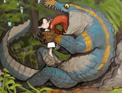 Rule 34 | 1girl, 1other, barefoot, black hair, blue eyes, child, dress, elf, forest, holding person, licking, licking another&#039;s face, lizardman (warhammer fantasy), long hair, mossacannibalis, nature, outdoors, parted lips, pointy ears, smile, warhammer 40k, white dress, wide-eyed