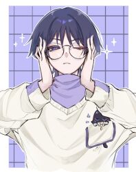 Rule 34 | 1boy, animalization, bespectacled, black hair, border, breast pocket, checkered background, eyeliner, eyeshadow, genshin impact, glasses, hair intakes, hands in hair, highres, long sleeves, makeup, male focus, one eye closed, person and animalization, pocket, pom pom (clothes), purple eyes, purple shirt, red eyeliner, red eyeshadow, red rope, rope, scaramouche (cat) (genshin impact), scaramouche (genshin impact), shirt, solo, sweater, undershirt, uragoi, wanderer (fairy tale cat) (genshin impact), wanderer (genshin impact), white border, white sweater