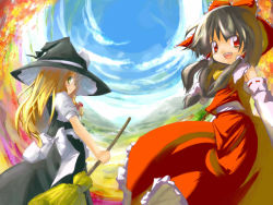 Rule 34 | 2girls, :d, apron, ascot, black dress, blonde hair, blue sky, bow, brooch, brown eyes, brown hair, collar, cowboy shot, day, detached sleeves, dress, female focus, hair bow, hakurei reimu, hat, holding, jewelry, kirisame marisa, long sleeves, looking at viewer, multiple girls, nature, neki-t, open mouth, outdoors, plant, red bow, red eyes, red skirt, skirt, sky, smile, touhou, vest, waist apron, witch hat