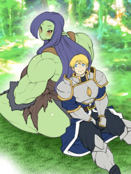 Rule 34 | 1boy, 1girl, armor, ass, back-to-back, bare shoulders, black sclera, blonde hair, blue eyes, blue hair, blush, breasts, colored sclera, colored skin, dark blue hair, eyes visible through hair, fantasy, female orc, field, fingerless gloves, gloves, grass, green skin, hair over one eye, huge ass, large breasts, long hair, looking at another, looking back, monster girl, muscular, muscular female, nenbuta, orc, original, outdoors, red eyes, sarong, short hair, sitting, size difference, smile, tribal clothes