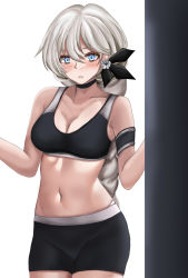 Rule 34 | 1girl, absurdres, alternate costume, apc556 (girls&#039; frontline), black choker, black shorts, black sports bra, blonde hair, blue eyes, blush, braid, braided ponytail, breasts, choker, cleavage, collarbone, feet out of frame, flower, girls&#039; frontline, gym uniform, hair flower, hair ornament, hamilton vgf, highres, long hair, looking at viewer, medium breasts, navel, open mouth, out of frame, parted lips, shorts, solo, sports bra, sportswear, standing, stomach, white background