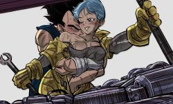 Rule 34 | 1boy, 1girl, amartbee, black hair, blue hair, blush, bodysuit, grabbing another&#039;s breast, breasts, bulma, cleavage, couple, dragon ball, dragon ball super, dragonball z, engine, fingering, gloves, grabbing, hand under clothes, hug, hug from behind, jumpsuit, mechanic, one eye closed, open mouth, sexually suggestive, short hair, smile, spiked hair, sweat, vegeta, wink, wrench