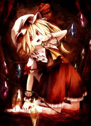Rule 34 | 1girl, :d, ascot, bad id, bad pixiv id, blonde hair, fami (yellow skies), flandre scarlet, frilled skirt, frills, hat, hat ribbon, highres, kneeling, mob cap, open mouth, puffy short sleeves, puffy sleeves, ribbon, short hair, short sleeves, side ponytail, skirt, smile, touhou, vest, wings