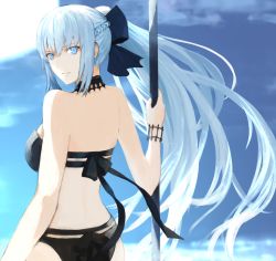 Rule 34 | 1girl, back, bare shoulders, bikini, black bikini, black bow, blue eyes, bow, braid, breasts, fate/grand order, fate (series), french braid, grey hair, hair bow, highres, large breasts, long hair, looking at viewer, looking back, moedredd, morgan le fay (fate), ponytail, sidelocks, solo, swimsuit, thighs, very long hair