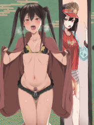 Rule 34 | 1boy, 1girl, absurdres, bar censor, black hair, blurry, blurry foreground, blush, brother and sister, bulge, cape, caught, censored, crossdressing, fate/grand order, fate (series), hat, heavy breathing, highres, himesamaiove, looking at viewer, navel, oda nobukatsu (fate), oda nobunaga (fate), open mouth, penis, red eyes, red shirt, shirt, siblings, small penis, standing, thigh gap, tongue, trap, twintails