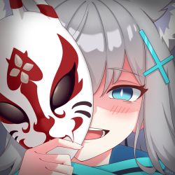 Rule 34 | animal ear fluff, animal ears, blue archive, blue eyes, blue scarf, blush, bright pupils, cross hair ornament, evil smile, extra ears, fox mask, grey hair, hair ornament, highres, holding, holding mask, looking at viewer, mask, scarf, shiroko (blue archive), smile, stryx, wolf ears, yandere