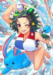 Rule 34 | 1girl, alternate costume, animal ears, azumarill, bikini, black hair, breasts, cleavage, collarbone, commentary request, creatures (company), forehead, full body, game freak, gen 2 pokemon, hair ornament, highres, horse ears, horse girl, large breasts, nabe puyo, nintendo, one eye closed, open mouth, poke ball, pokemon, pokemon (creature), red eyes, short hair, solo, swimsuit, umamusume, water, winning ticket (full power! tantrum!!) (umamusume), winning ticket (umamusume)