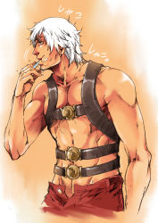 Rule 34 | 00s, 1boy, bad id, bad pixiv id, beard stubble, brushing teeth, capcom, dante (devil may cry), devil may cry (series), facial hair, groin, gun holster, highres, male focus, manly, muscular, shubuka masamune, solo, stubble, toothbrush, topless male, white hair