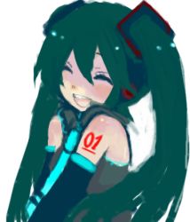 Rule 34 | bad id, bad pixiv id, detached sleeves, closed eyes, green hair, hatsune miku, long hair, lowres, necktie, okia, smile, solo, twintails, vocaloid