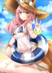 Rule 34 | 1girl, absurdres, animal ear fluff, animal ears, beach, bikini, bikini under clothes, blue bikini, breasts, cleavage, day, ears through headwear, fate/grand order, fate (series), fox ears, fox shadow puppet, fox tail, hat, highres, innertube, large breasts, long hair, looking at viewer, navel, ocean, outdoors, pink hair, shirt, side-tie bikini bottom, sitting, smile, solo, straw hat, sukuemon, swim ring, swimsuit, tail, tamamo (fate), tamamo no mae (fate/extra), tamamo no mae (swimsuit lancer) (fate), tamamo no mae (swimsuit lancer) (second ascension) (fate), thighs, wet, wet clothes, wet shirt, yellow eyes