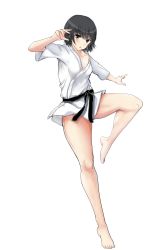 Rule 34 | 1girl, absurdres, alternate costume, amagami, bare legs, barefoot, black eyes, black hair, blush, breasts, commentary request, dougi, gyuunyuu pack (tanaka), highres, looking at viewer, medium breasts, nanasaki ai, simple background, solo, standing, standing on one leg, thighs