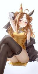 Rule 34 | 1girl, ahoge, animal ears, arm up, ass, bare shoulders, black jacket, black thighhighs, blush, breasts, brown hair, cleavage, cleavage cutout, closed mouth, clothing cutout, commentary request, copano rickey (umamusume), crossed legs, dot nose, double bun, dress, elbow gloves, feet out of frame, fishnet gloves, fishnets, foreshortening, gloves, hair between eyes, hair bun, halterneck, highres, horse ears, horse girl, horse tail, invisible chair, jacket, large breasts, long hair, looking at viewer, multicolored hair, off shoulder, open clothes, open jacket, red eyes, see-through, see-through cleavage, simple background, sitting, skindentation, smile, solo, streaked hair, tail, thighhighs, thighs, umamusume, white background, white gloves, white hair, yellow dress, yoimoriyoru