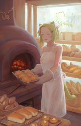 Rule 34 | 1girl, animal ears, apron, bakery, bare shoulders, bigrbear, bread, breasts, cake, cat ears, cat girl, collarbone, food, gloves, green hair, grey gloves, hair ornament, hairclip, highres, holding, indoors, looking at viewer, medium breasts, naked apron, original, pink eyes, see-through, shop, short hair, solo, standing, white apron
