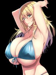 Rule 34 | 1girl, armpits, atago (kancolle), bikini, blonde hair, blue bikini, breasts, cleavage, covered erect nipples, from side, front-tie bikini top, front-tie top, hair between eyes, highres, huge breasts, kantai collection, kloah, large breasts, long hair, looking at viewer, mole, mole under eye, open mouth, simple background, smile, solo, stomach, swimsuit