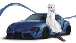Rule 34 | 1girl, artist name, blue car, blue scarf, boots, brown footwear, car, coat, commission, elf, frieren, full body, green eyes, grey hair, looking at viewer, motor vehicle, noya (no ya), pantyhose, pointy ears, scarf, sitting on car, solo, sousou no frieren, sports car, toyota, toyota supra, toyota supra mk v, twintails, white coat