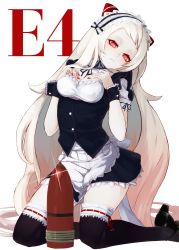 Rule 34 | 1girl, absurdres, abyssal ship, airfield princess, alternate costume, ammunition, apron, black footwear, black thighhighs, blush, breasts, cleavage, enmaided, high heels, highres, horns, kantai collection, kumonji aruto, long hair, looking at viewer, maid, maid headdress, mary janes, medium breasts, red eyes, sexually suggestive, shoes, short sleeves, solo, thighhighs, waist apron, white hair, wrist cuffs