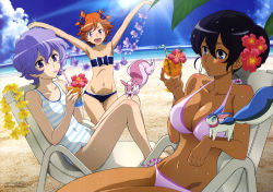 Rule 34 | 10s, 3girls, :d, absurdres, alternate hairstyle, bandeau, barefoot, beach, bikini, black hair, blue eyes, breasts, captain earth, casual one-piece swimsuit, chair, cleavage, cloud, cup, dark-skinned female, dark skin, day, drink, drinking, drinking glass, drinking straw, flat chest, flower, hair flower, hair ornament, hair up, hasegawa hitomi, highres, lappa, large breasts, light purple hair, light rays, lounge chair, midriff, multiple girls, mutou hana, navel, o3o, official art, one-piece swimsuit, open mouth, orange hair, outdoors, pink bikini, pitz, purple eyes, setsuna (captain earth), side-tie bikini bottom, sky, small breasts, smile, striped clothes, striped one-piece swimsuit, sunbeam, sunlight, swimsuit, wet, yomatsuri akari