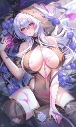 Rule 34 | 1girl, absurdres, arkhangelsk (azur lane), arkhangelsk (supporting sorceress) (azur lane), azur lane, bare shoulders, black thighhighs, blush, breasts, cleavage, covered navel, crossed bangs, flower, hair between eyes, hand up, highres, large breasts, long hair, lying, official alternate costume, on back, parted lips, petals, pubic tattoo, solo, tansuan (ensj3875), tattoo, thighhighs, thighs, torn clothes, torn thighhighs, white hair, yellow eyes