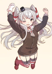 Rule 34 | 1girl, amatsukaze (kancolle), brown dress, brown eyes, dress, full body, garter straps, gloves, grey hair, grey neckerchief, hair tubes, hat, jumping, kantai collection, lifebuoy, lifebuoy ornament, long hair, looking at viewer, mini hat, mitsuyo (mituyo324), neckerchief, one eye closed, red thighhighs, sailor dress, short dress, simple background, single glove, smokestack hair ornament, solo, striped clothes, striped thighhighs, swim ring, thighhighs, two side up, white background