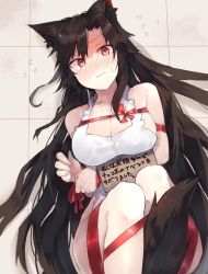 Rule 34 | 1girl, animal ear fluff, animal ears, apron, bare arms, bare shoulders, blush, breast hold, breasts, brown hair, cleavage, collarbone, commentary request, feet out of frame, floor, flying sweatdrops, from above, imaizumi kagerou, knees up, long hair, lying, naked apron, nose blush, on back, red eyes, red ribbon, ribbon, shadow, single sidelock, solo, suminagashi, sweat, tail, thighs, touhou, translation request, very long hair, white apron, wolf ears, wolf tail