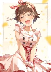 Rule 34 | 1girl, :d, ^ ^, blurry, blush, bow, breasts, brown hair, closed eyes, collarbone, cowboy shot, dot nose, dress, dress bow, falling petals, frilled dress, frills, gloves, gradient background, hair ribbon, hairband, happy birthday, honda mio, idolmaster, idolmaster cinderella girls, idolmaster cinderella girls starlight stage, jewelry, medium breasts, necklace, open mouth, petals, pink dress, pink ribbon, plaid, plaid ribbon, red bow, red hairband, ribbon, short hair, short sleeves, simple background, smile, solo, standing, v arms, white background, white gloves, zattape
