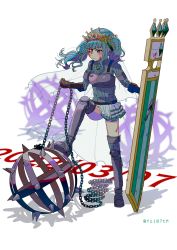 Rule 34 | 1girl, ball and chain (weapon), blood, blood on face, chain, crown, futaba sana, green eyes, green hair, highres, injury, magia record: mahou shoujo madoka magica gaiden, magical girl, mahou shoujo madoka magica, shield, solo, spiked ball and chain, spikes, totte, weapon