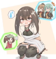 Rule 34 | 0 0, 4girls, aqua hair, bound, brown eyes, brown hair, closed eyes, commentary request, full body, hair ornament, hairclip, headgear, kantai collection, kasashi (kasasi008), kumano (kancolle), long hair, multiple girls, open mouth, ponytail, ryuujou (kancolle), school uniform, short hair with long locks, solo focus, spoken sweatdrop, squatting, suzuya (kancolle), sweatdrop, taihou (kancolle), thighhighs, tied up (nonsexual), twintails, visor cap