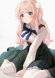 Rule 34 | 1girl, :o, between legs, blonde hair, blue footwear, blush, bodice, bow, bowtie, breasts, buttons, collared shirt, covering privates, covering crotch, frilled skirt, frills, green eyes, green skirt, hair ornament, hand between legs, highres, indie virtual youtuber, long hair, looking at viewer, pom pom (clothes), pom pom hair ornament, shigure ui (vtuber) (casual), shigure ui (vtuber), shirt, shirt tug, shoes, sidelocks, simple background, sitting, skirt, solo, takuo, thighhighs, underbust, virtual youtuber, wariza, white background, white thighhighs, wing collar