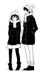 Rule 34 | 1boy, 1girl, bag, beanie, blush, boots, coat, full body, greyscale, hand in pocket, hands in pockets, hat, high contrast, long hair, long sleeves, looking at another, miniskirt, monochrome, original, pants, pantyhose, scarf, shoes, simple background, skirt, standing, taneda yuuta, white background, winter clothes