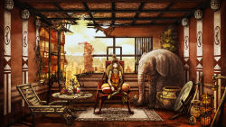 Rule 34 | 1girl, blunt bangs, brown hair, chair, cityscape, elephant, indoors, looking at viewer, original, red eyes, sitting, skull, solo, table, toi (number8), umbrella, vocaloid, weapon, wooden floor