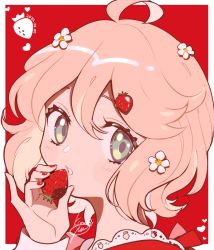 Rule 34 | 1girl, ahoge, blonde hair, blush, flower, food, food-themed hair ornament, fruit, green eyes, hair flower, hair ornament, heart, holding, holding food, kisaragi yuu (fallen sky), nail polish, original, parted lips, portrait, red background, red nails, short hair, signature, solo, strawberry, strawberry hair ornament, white flower