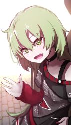 Rule 34 | 1girl, :d, absurdres, bad id, bad twitter id, black choker, black shirt, blurry, blurry background, blush, choker, collarbone, commentary request, day, depth of field, fingernails, green eyes, green hair, hair between eyes, hand on own hip, head tilt, highres, layered sleeves, long hair, long sleeves, looking at viewer, nail polish, off shoulder, open mouth, original, outdoors, red nails, shirt, short over long sleeves, short sleeves, sleeves past wrists, smile, solo, very long hair, wada kazu, white background
