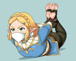 Rule 34 | 1girl, ass, bdsm, blonde hair, bondage, bound, cloth gag, feet, fingerless gloves, gag, gagged, gloves, green eyes, highres, hogtie, improvised gag, blue background, lost one zero, nintendo, over the nose gag, pointy ears, princess zelda, restrained, rope, short hair, simple background, soles, solo, stirrup legwear, the legend of zelda, the legend of zelda: tears of the kingdom, toeless legwear, toes