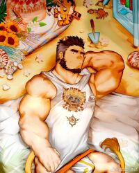 Rule 34 | 1boy, alca (wakatanka4), animal ears, bara, beach, beard, cake, come hither, crab, facial hair, feet out of frame, food, gyee, highres, jockstrap, large pectorals, lion boy, lion ears, lion tail, looking at viewer, lying, male focus, male underwear, mature male, muscular, muscular male, no pants, on back, original, pectorals, penis, penis peek, print shirt, reed orison, sand, shirt, short hair, smile, solo, tail, tank top, thick eyebrows, undercut, underwear, white male underwear, white tank top