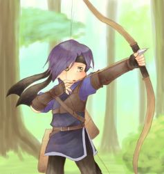 Rule 34 | 1boy, arrow (projectile), bag, belt, bow (weapon), chibi, fingerless gloves, gloves, hairband, leaf, male focus, open mouth, purple hair, quiver, rmn, solo, tree, vestaria saga, weapon, yellow eyes