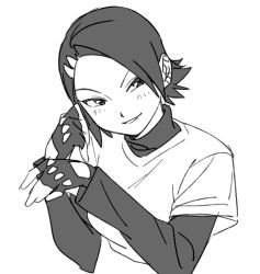 Rule 34 | 1girl, blush, breasts, commentary request, cropped torso, cube (jsr), ear piercing, fingerless gloves, forehead, gloves, greyscale, grin, hair over one eye, hands up, home (houmei), jet set radio, layered sleeves, long sleeves, looking at viewer, medium breasts, monochrome, piercing, sega, short hair, short over long sleeves, short sleeves, simple background, sketch, smile, solo, split mouth, swept bangs, turtleneck, upper body, white background