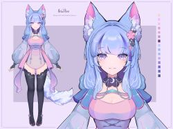 Rule 34 | 1girl, absurdres, animal ear fluff, animal ears, arexu, aria vlive, black thighhighs, blue hair, breasts, character name, cleavage, commentary, dress, english commentary, flower, fox ears, fox girl, fox tail, hair flower, hair ornament, highres, indie virtual youtuber, long hair, medium breasts, open hands, pink flower, purple dress, purple eyes, smile, tail, thighhighs, virtual youtuber, zoom layer