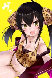 Rule 34 | &gt;:d, 10s, 1girl, :d, animal print, bad id, bad pixiv id, black hair, blush, breasts, cleavage, collarbone, gomashi (goma), hair between eyes, heart, heart necklace, highres, idolmaster, idolmaster cinderella girls, jewelry, legs together, leopard print, long hair, looking at viewer, matoba risa, midriff, navel, necklace, open mouth, panties, selfie, sidelocks, simple background, sitting, small breasts, smile, solo, sweatdrop, thighs, twintails, underwear, v-shaped eyebrows, yellow background, yellow eyes