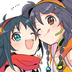 Rule 34 | 2girls, alternate hairstyle, aqua eyes, armpits, bare shoulders, black hair, braid, brown eyes, cheek-to-cheek, child, chobota, eyelashes, flat chest, friends, gradient scarf, green hair, hair ornament, hairband, hairclip, happy, heads together, highres, idolmaster, idolmaster cinderella girls, jacket, long hair, looking at viewer, microphone, miyoshi sana, multiple girls, namco, nanjo hikaru, neck, one eye closed, open clothes, open jacket, open mouth, orange jacket, parted bangs, red scarf, scarf, shiny skin, sidelocks, simple background, sleeveless, smile, spiked hair, tongue, tongue out, twin braids, twintails, white jacket, wink