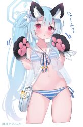 Rule 34 | 1girl, animal ears, animal hands, bag, bikini, blue archive, blue hair, blush, breasts, chise (blue archive), chise (swimsuit) (blue archive), eip (pepai), flower, gloves, hair flower, hair ornament, halo, highres, long hair, looking at viewer, navel, official alternate costume, parted lips, paw gloves, pink eyes, shoulder bag, side-tie bikini bottom, side ponytail, small breasts, solo, stomach, striped bikini, striped clothes, swimsuit