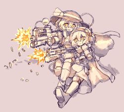 2girls absurdres alternate_costume casing_ejection cloak firing gun hat hat_ribbon heart heart-shaped_pupils highres holding holding_gun holding_weapon komeiji_koishi komeiji_satori monochrome multiple_girls rampa93 ribbon shell_casing spot_color symbol-shaped_pupils third_eye touhou weapon