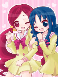 Rule 34 | 2girls, blue eyes, blue hair, bow, bowtie, buttons, clenched hand, collared dress, commentary request, cowboy shot, dress, eyelashes, hair ornament, hair scrunchie, hanasaki tsubomi, hand on own shoulder, heart, heartcatch precure!, kurumi erika, light blush, locked arms, long hair, long sleeves, looking at viewer, low twintails, multiple girls, myoudou gakuen middle school uniform, one eye closed, open mouth, outline, pink background, pink bow, pink bowtie, pink eyes, pink hair, pleated skirt, precure, puffy long sleeves, puffy sleeves, sailor collar, sakurya, school uniform, scrunchie, short dress, simple background, skirt, smile, striped background, thighs, twintails, very long hair, wavy hair, white outline, white sailor collar, yellow dress, yellow scrunchie, yellow sleeves, yuri
