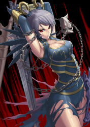 Rule 34 | 1girl, berserker (lord of vermilion), breasts, chain, cleavage, cleavage cutout, clothing cutout, cuboon, grey hair, large breasts, long hair, lord of vermilion, red eyes, solo, sword, torn clothes, weapon